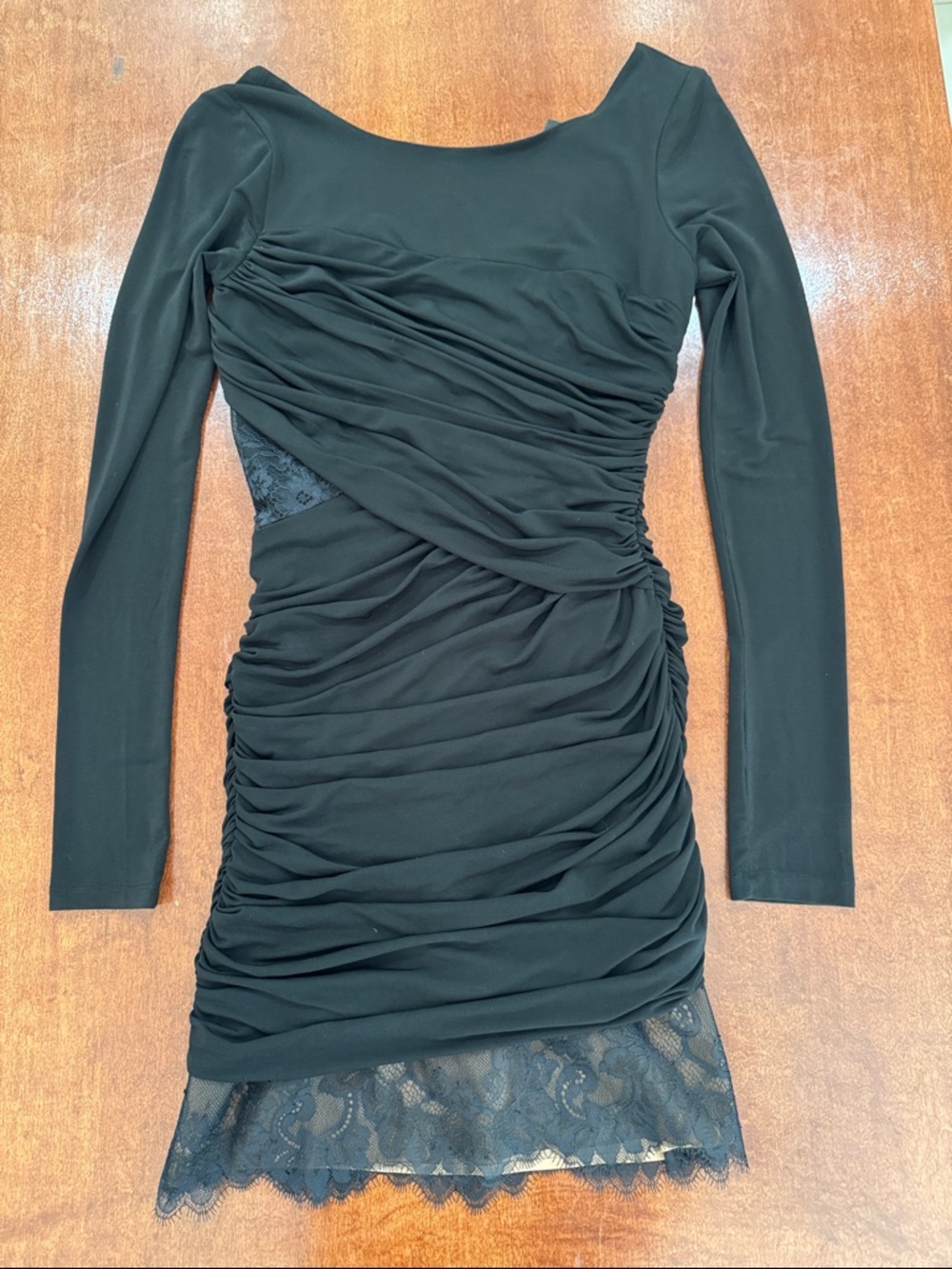 BCBGMaxAzria Clio Black Ruched Long-Sleeve Lace-Hem Dress